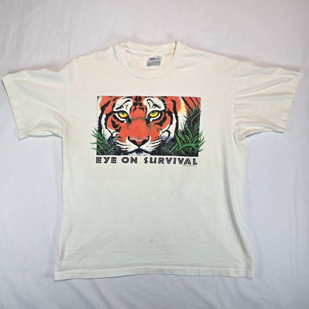 Vintage 1993 Human-i-Tees Eye On Survival Tiger T-Shirt White Large Made in USA